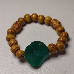 Wooden Bead Bracelet with Green Stone Accent